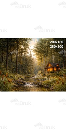 Tło fotograficzne „Leśny strumień z domkiem o zachodzie słońca” | 4089